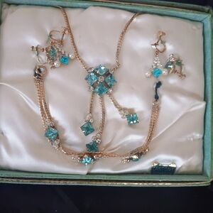 24K Gold Plated Aquamarine Rhinestone & Faux Pearl Necklace Set